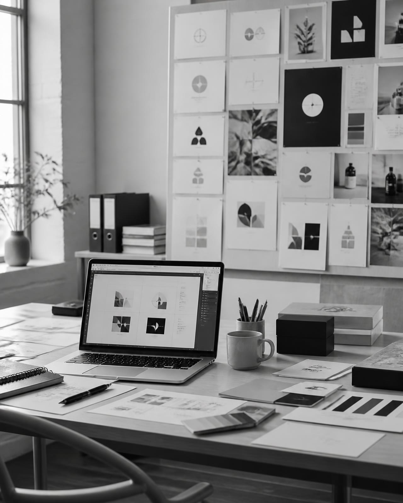 Mesa de estúdio de branding com notebook e painel de logotipos